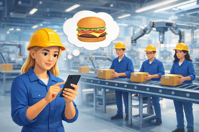 a woman ordering food at the production hall